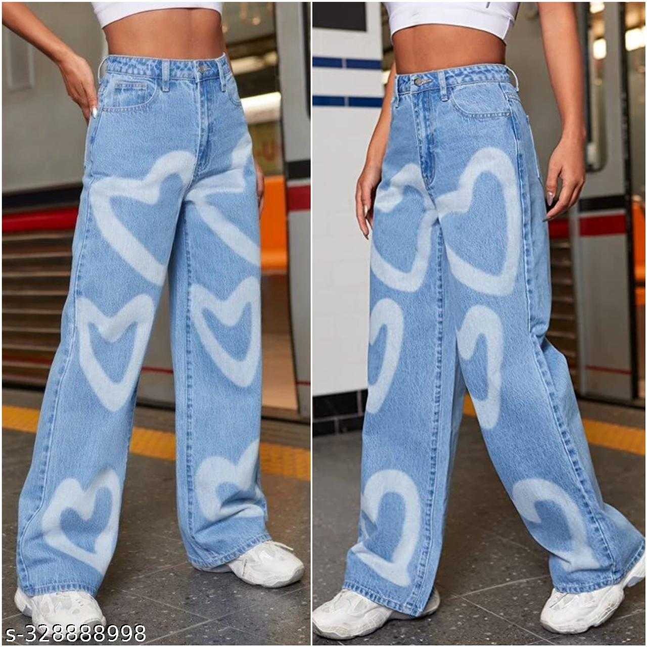 Heart Print Wide-Leg Jeans