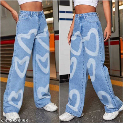 Heart Print Wide-Leg Jeans