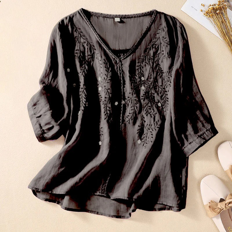 Solid Linen Top-Tunic With Embroidery Work For Women