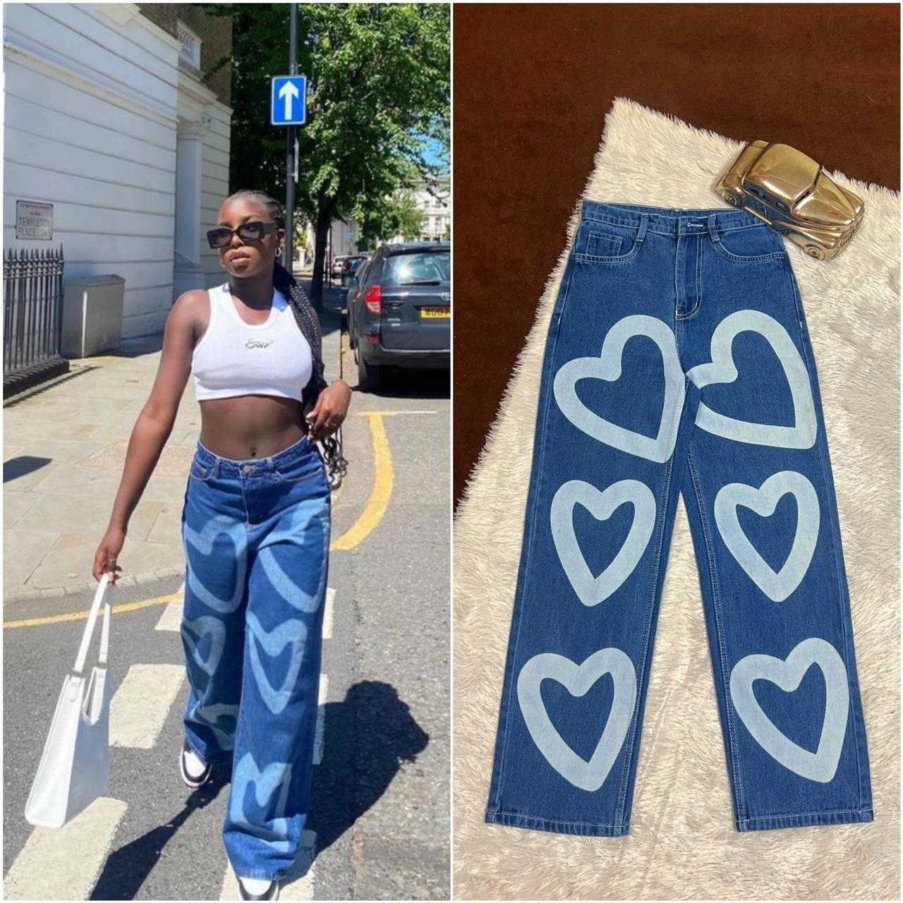 Heart Print Wide-Leg Jeans