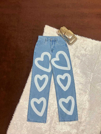 Heart Print Wide-Leg Jeans
