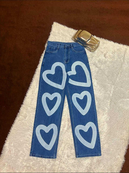 Heart Print Wide-Leg Jeans