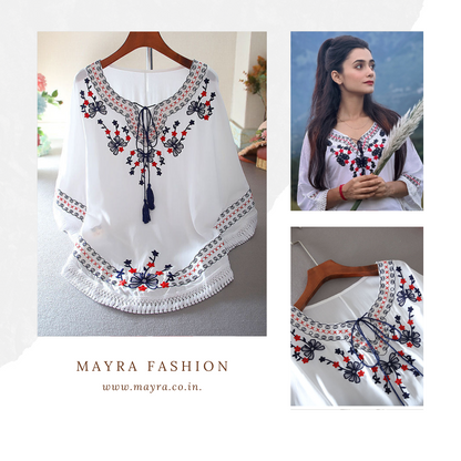 Trendy White long top-tunics with embroidery work for women