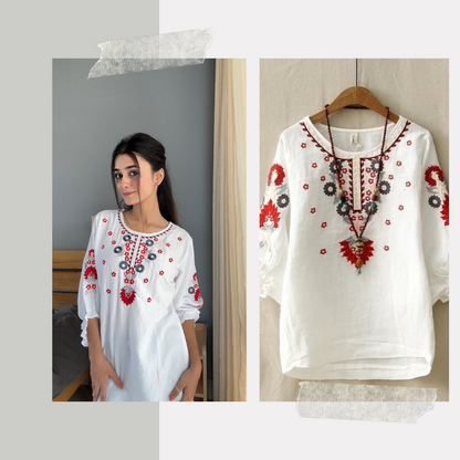 Trendy White long top-tunics with embroidery work for women