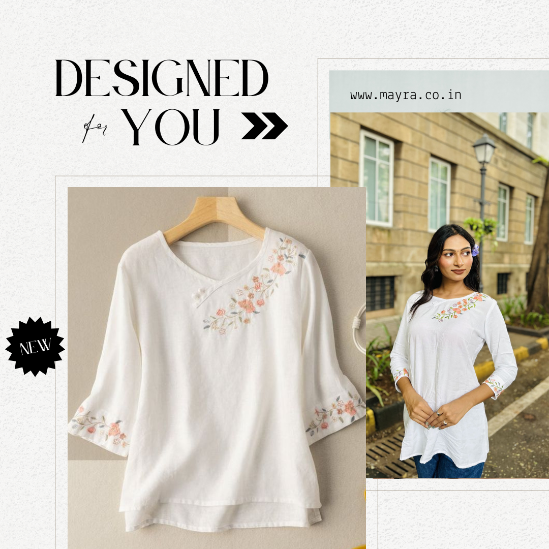 Trendy White long top-tunics with embroidery work for women