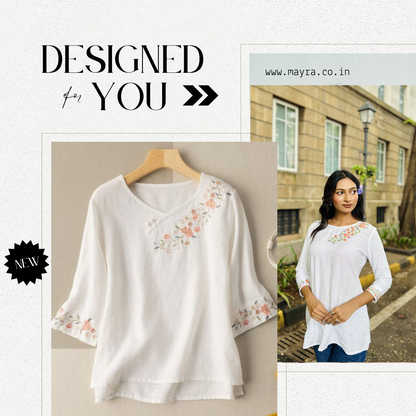 Trendy White long top-tunics with embroidery work for women
