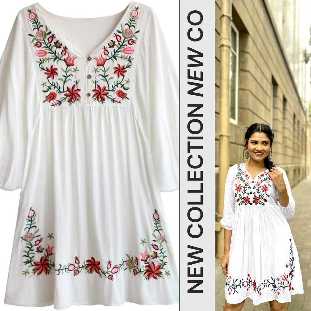 Trendy White long top-tunics with embroidery work for women
