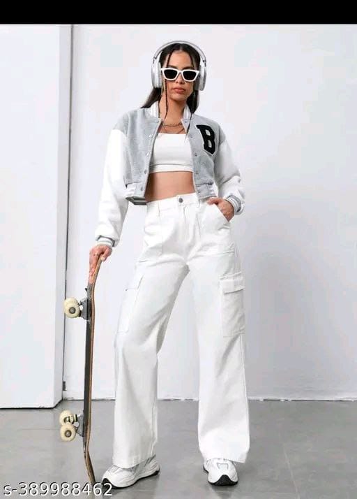 Women’s White Cargo Pants – High Waist Wide Leg Streetwear Trousers