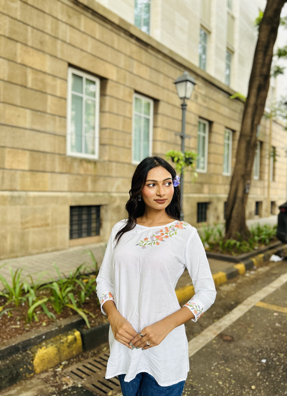 Trendy White long top-tunics with embroidery work for women
