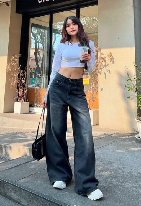 Washed Black Wide Leg Jeans – High Waist Oversized Baggy Denim Pants