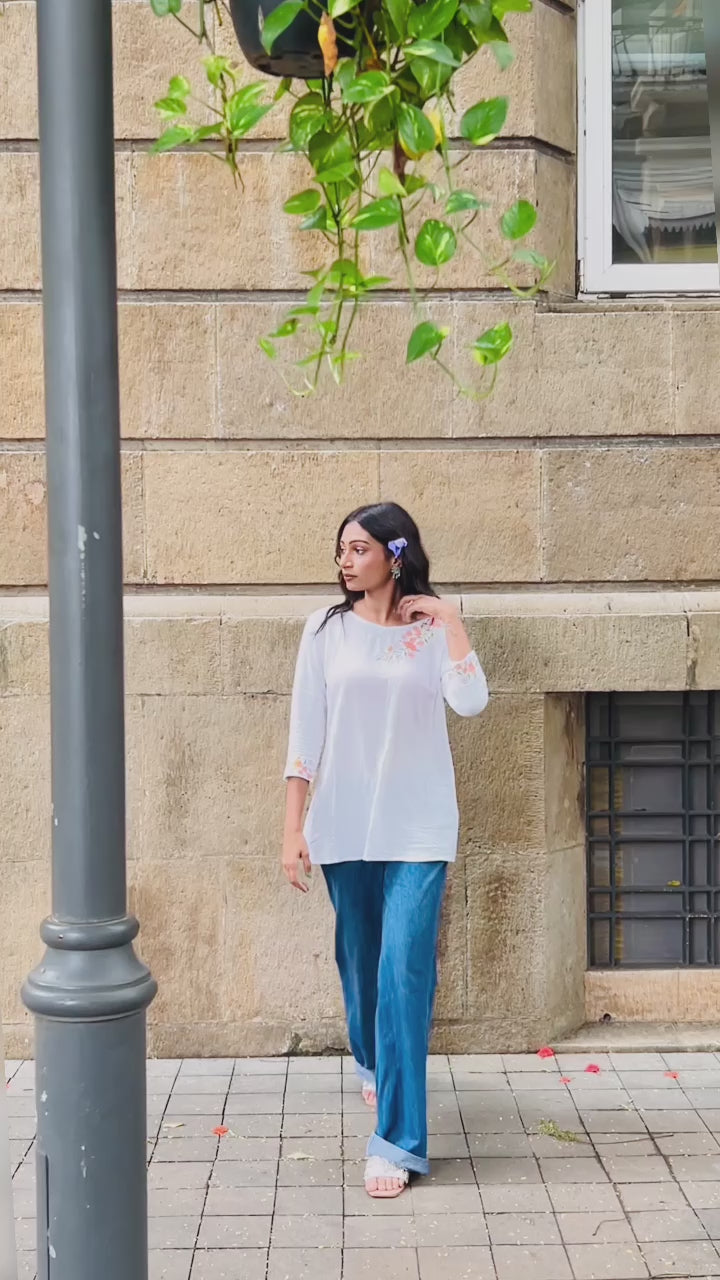 Trendy White long top-tunics with embroidery work for women