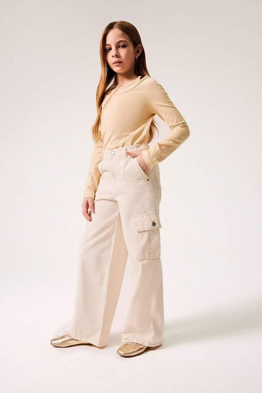 Women’s High-Waist Cargo Pants – Cream Straight Fit Utility Trousers with Side Pockets